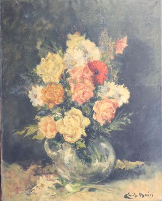 une peinture à l'huile représentant un vase de fleurs sur une table