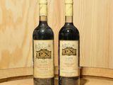deux bouteilles de vin posées sur un tonneau