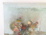 a painting of flowers in a vase on a table