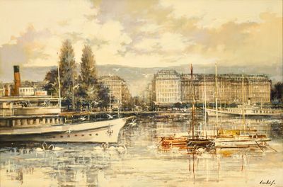 une peinture de bateaux dans un port avec des bâtiments à l'arrière-plan