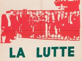 an image of a red and green poster with a train on it