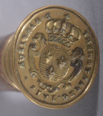 a close up of a gold colored object with a crown on it