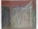 a painting of a group of people standing in a line