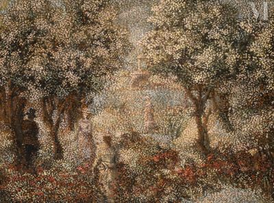 un tableau représentant un homme et une femme dans les bois