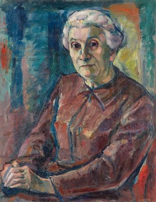 une peinture à l'huile représentant une femme d'un certain âge assise sur une chaise