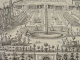 a drawing of a garden with a fountain in the middle