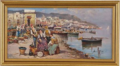 un tableau représentant un groupe de personnes au bord de l'eau