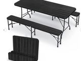 a black picnic table with two benches and a chair