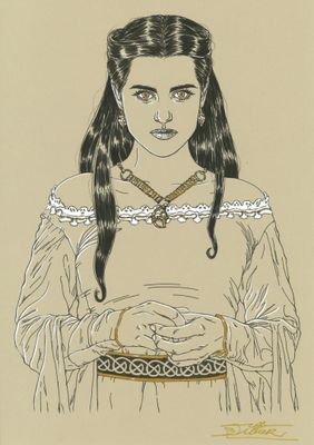 une illustration représentant une femme aux cheveux longs tenant une assiette de nourriture