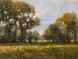 an oil painting of a field with trees and grass in the foreground