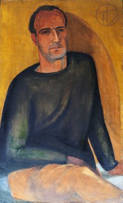 tableau représentant un homme assis sur une chaise avec une miche de pain
