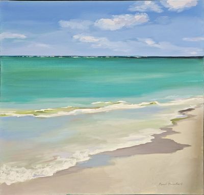 an oil painting of a beach scene with turquoise water and white sand