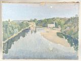 a painting of a view of a river with buildings in the background