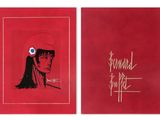 a red book with a drawing of a man in a red hat