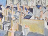 a drawing of a view of a city from the top of a building