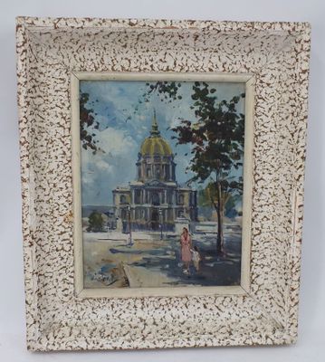 tableau représentant une femme en robe rose devant une église
