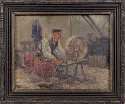 une image représentant un tableau où l'on voit un homme travaillant sur un rouet