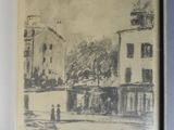 drawing of a street scene in a box with a picture of a horse and buggy