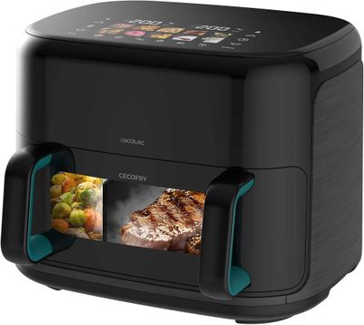 a black and blue air fryer sitting on top of a counter