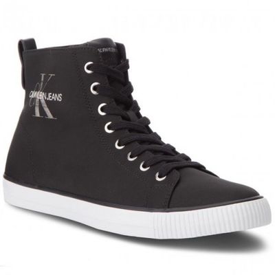 a black high top sneak with a white sole and a logo on the side