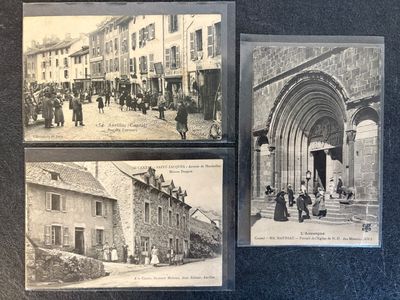 three old black and white photos of people walking in front of a building