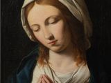 an oil painting of a woman praying with her eyes closed