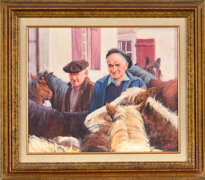 une peinture à l'huile représentant deux hommes debout à côté d'un groupe de chevaux