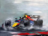 an oil painting of a race car driving on a wet track