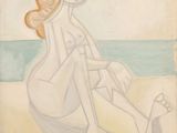 une image représentant un tableau où l'on voit une femme assise sur une plage