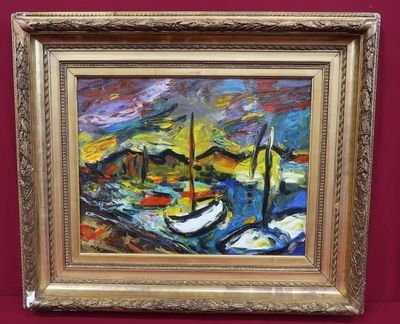 an oil painting of boats in a harbor on a red background