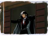 anime scene of a man dressed in a suit and tie standing in a window with his arms outstretched