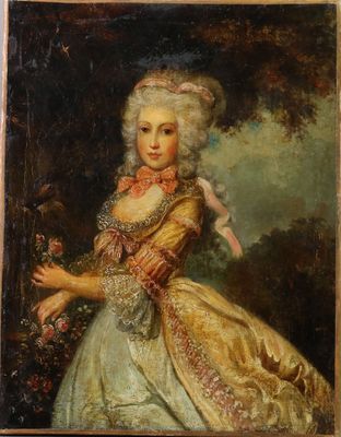 un vieux tableau représentant une femme en robe jaune tenant une fleur