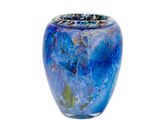 a glass vase with a blue and green design on it