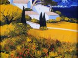 un tableau représentant une maison dans un champ, avec des coquelicots au premier plan