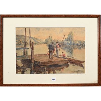 tableau représentant deux hommes sur un quai, en compagnie d'un chien et d'un chat