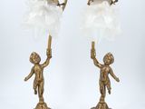 pair of antique brass table lamps with frosted glass lampshads