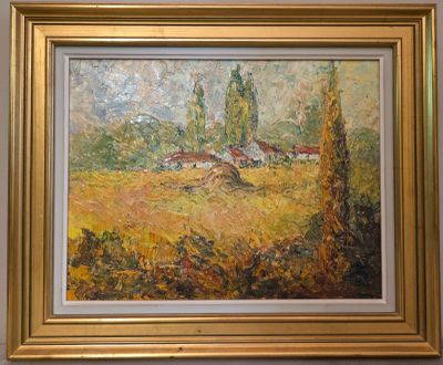 une peinture à l'huile d'un champ avec une maison au loin