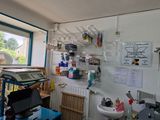 a room with a desk, a sink, and a window