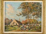 une image représentant un tableau représentant une scène de village avec une église en arrière-plan