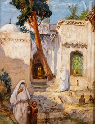 un tableau représentant une femme et un enfant devant un immeuble