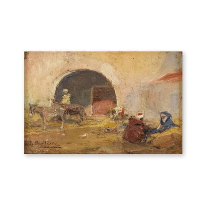 une image représentant un tableau d'un homme à cheval dans une écurie