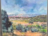 une peinture à l'huile représentant un paysage avec des montagnes au loin