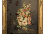 painting of a vase of flowers in a gold frame on a white background