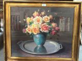 a picture of a painting of a vase of flowers on a tray