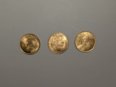 trois pièces d'or sont représentées en ligne sur une surface grise