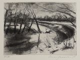 un dessin en noir et blanc représentant une rivière dans les bois