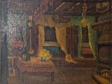 une image représentant un tableau d'une chambre à coucher avec un lit et une chaise