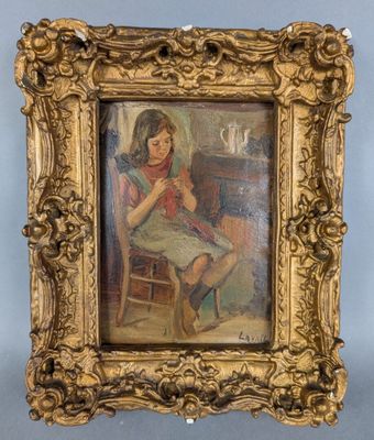 painting of a woman sitting in a chair in a gold frame