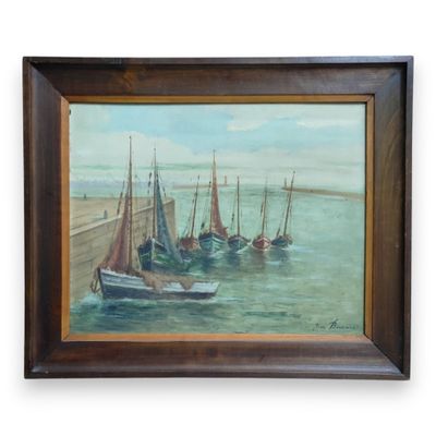 a painting of a group of boats in the water