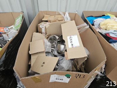 several boxes of assorted items are stacked on top of each other